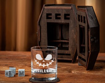 Unique Halloween gift Personalized whiskey glass in a wooden barrel, Cute and Scary ghost, spooky season drinks