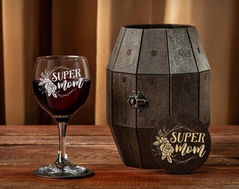 Mothers Day Gift, Gift for Mom, Grandma Gifts, Custom Wine Glass in a Wooden Barrel, Trendy Home Kitchen Decor