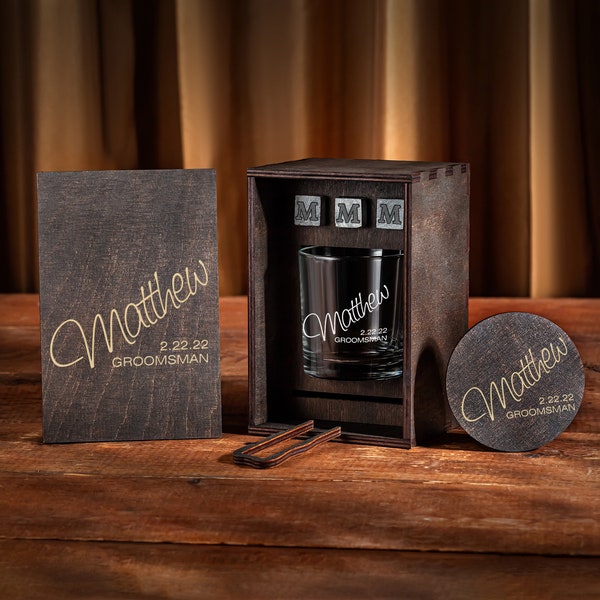 Groomsmen Gifts Personalized Whiskey Glass Set with Wood Box, Groomsman Proposal, Best Man, bachelor party gift