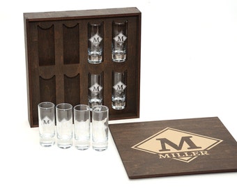 Unique gift for him, Christmas gift, Personalized shot glasses set in wooden box, birthday present, Valentine's Day gift