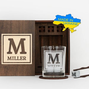 Personalized Whiskey Glasses in Wooden Box and Whiskey Stones, Birthday Gift for Him, Man, Exclusive Gift