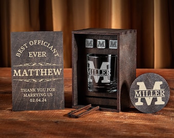 Wedding Officiant gift whiskey glass in a wooden box, pastor appreciation gift, best officiant ever