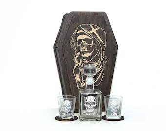 Scary Coffin, Whiskey Decanter Set with wooden Coffin, Day of the Dead, Whiskey Glass set, Christmas gift