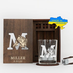 Gift for Fisherman, Personalized Whiskey Glass Set, fishing gift for boyfriend, Birthday Gift for Him, Man, Husband, Valentine&#39;s Day