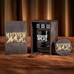 Mountain Groomsmen Gifts, Personalized Whiskey Glass Set in Wood Box, Blue Ridge Mountains