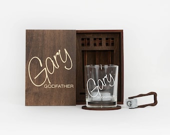 Godfather Gift, Personalized Whiskey Glass Set in a wooden box, Godparent Proposal Gift, be my Godfather