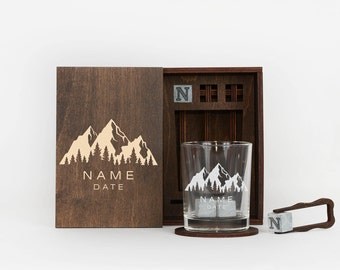 Personalized Mountain Whiskey Glasses Set in wood box, Birthday Gift, Mountain Gift, Gift for Him, Man, Bourbon Glass Set, Valentine's Day