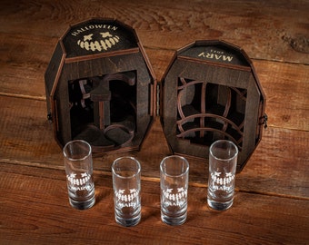 Halloween gift Personalized Set of shots in a wooden barrel, Happy Halloween shot, Spooky Season, Cute and Scary ghost