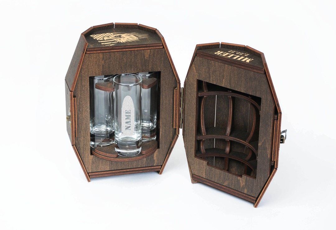 Army Veterans Gift, Personalized Shot Glasses Set in Wooden Barrel