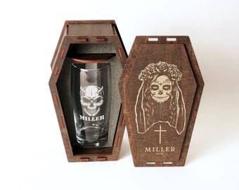 Unique Halloween gift, Personalized beer glass in a wooden coffin box, gothic kitchen decor