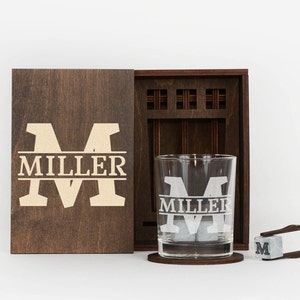 Personalized Whiskey Glass Set with Wood Box and Whisky Stones, Birthday Gift for Him, Man, Groomsman