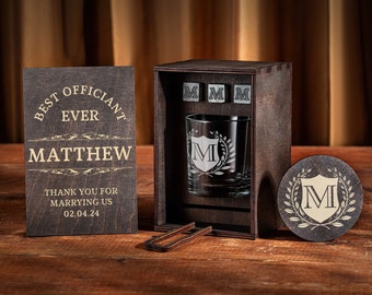 Wedding Officiant gift, Officiant proposal, Personalized whiskey glass in a wooden box, pastor appreciation gift