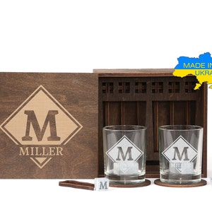 Personalized Whiskey Glass Set with Wooden Box and Whisky Stones, Birthday Gift for Man