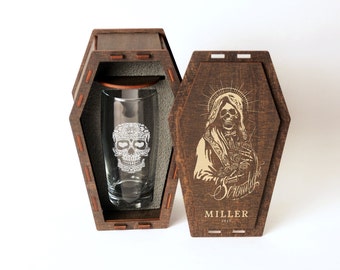 Day of the Dead, Custom beer glass in a wooden coffin box, Sugar Skull glass, Lady of the Dead, Unique Halloween gift