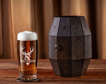 Groomsmen Gift, Personalized Beer Glass in Wooden Barrel, Deer Antler design, Best Man Proposal, Bachelor Party Gift