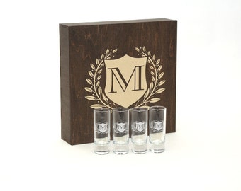 Custom shot glasses set in wooden box, birthday present, Unique gift for Him, for Her, Valentine's Day gift