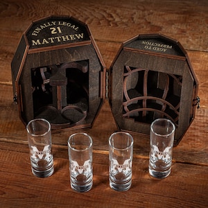 21st Birthday Gift Personalized Shot Glasses in Wooden Barrel, 21 Years Congratulations Twenty One First birthday gift for 21 year old