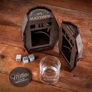 Groomsmen Gifts Personalized Whiskey Glasses in Wooden Barrel Groomsmen Proposal, Best Man Gift, Groomsman Gift Box, Gift for Groomsmen