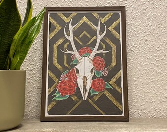 Original Zeichnung / Marker / Tusche / Gold metallic Hirsch mit Hortensien