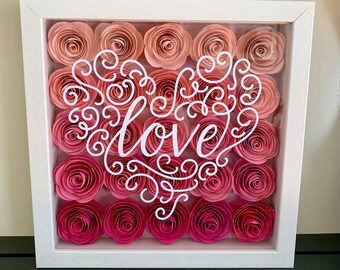 Love Heart Pink Ombré Rolled Paper Flower Shadow Box for Valentines Day, Anniversary, Wedding, Engagement, Baby