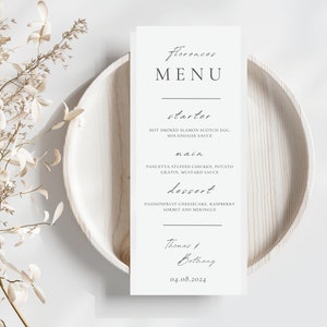 Klassische, minimalistische Hochzeitsmenü-Vorlage, individuelle Tischmenüs, anpassbare Menüs, Namens-Ortsmenüs, digitale Tischpläne