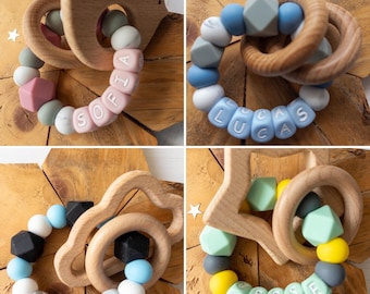 Personalized Baby Rattle Toy: Beech Wood & Silicone Sensory Gift
