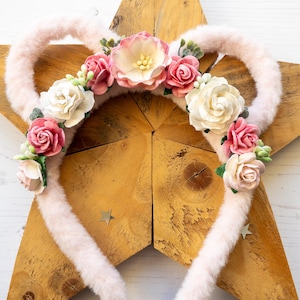Floral Teddy Bear Ears: Fluffy Hairband with Mulberry Flowers