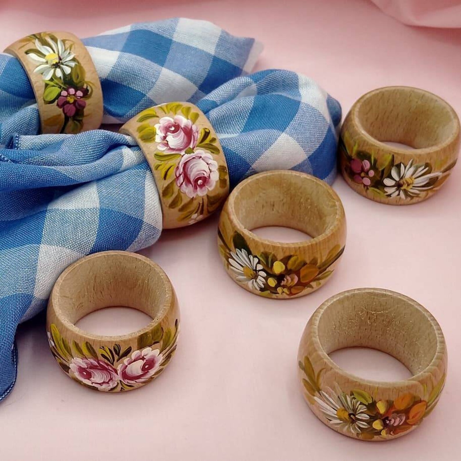 Vintage wooden hand painted floral napkin rings. Etsy