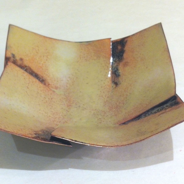 Limoges enamel beige origami cup, enamel on copper, handmade art craft