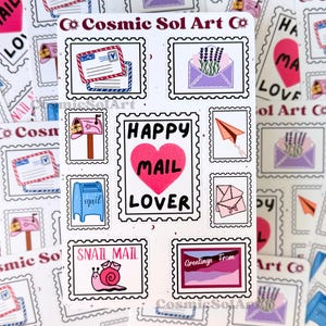 Happy Mail Lover Sticker Sheet: Junk Journal Scrapbook Planner Stickers Matte Weatherproof Vinyl