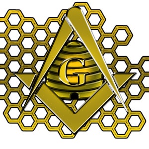Puede incluir: Un compás y una escuadra masónicos de color dorado con una colmena y la letra "G" en el centro, rodeados por un patrón de panal.