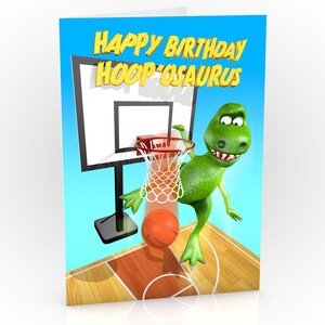 | de cartes d’anniversaire de basket-ball Dinosaure mignon faisant un slam dunk! | A5 Taille | Drôle de carte de vœux pour Fils Fille Nièce Neveu