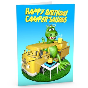 Tarjeta de cumpleaños de autocaravana / Tarjeta divertida de un dinosaurio en una autocaravana / Tamaño A5 / Fantástica tarjeta de felicitación para cualquier persona que ama su autocaravana
