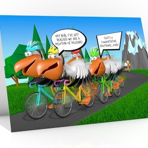Drôle de carte de vœux de cyclisme | Un peloton de pélicans chevauchant les montagnes | Grande carte d’anniversaire pour tous les amateurs de vélo de route