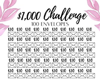 Może przedstawiać: Biała grafika z tekstem „$7,000 Challenge” i „100 ENVELOPES”. Projekt zawiera rzędy kopert, każda oznaczona kwotą „$10”, oraz różowe akcenty kwiatowe w akwareli.