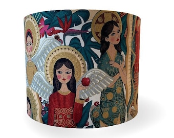 Coro Dorado Metallic Spice Folk Art Angels Small Print | Drum Lamp Shade for Table or Pendant | FREE SHIPPING (orders over 35.00)