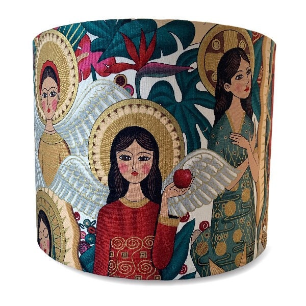 Folk Art Angels Large print | Metallic Spice | Drum Lamp Shade for Table or Pendant .  FREE SHIPPING (orders over 35.00)