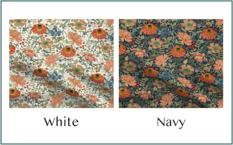 May include: Two fabric swatches with floral patterns. One is white with orange, red, and blue flowers and green leaves. The other is navy blue with the same floral design. The word "White" and "Navy" are below each swatch.