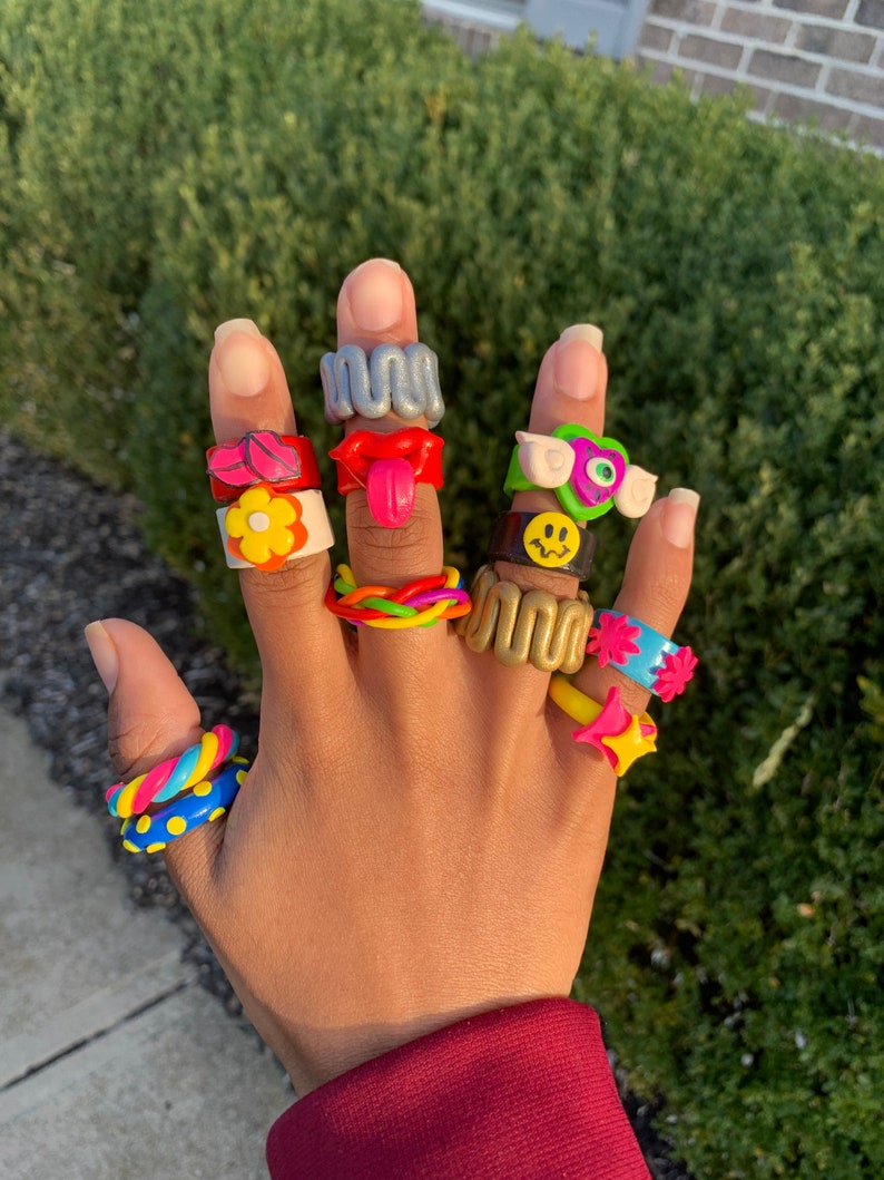 Chunky clay rings handmade colorful funky clay rings