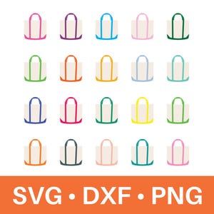 Puede incluir: Ilustraciones de bolsos tote de colores, con tonos como rosa, morado, azul y verde, con cuerpos blancos y asas a juego. La imagen también incluye el texto "SVG • DXF • PNG" en una pancarta naranja.