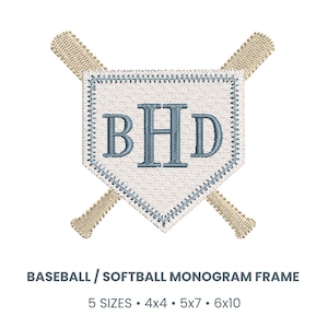 May include: An embroidered baseball/softball monogram frame with the letters "BHD" in blue. The design features a white home plate shape with a blue stitched border, crossed by two tan baseball bats. The text "BASEBALL / SOFTBALL MONOGRAM FRAME" is below the image.