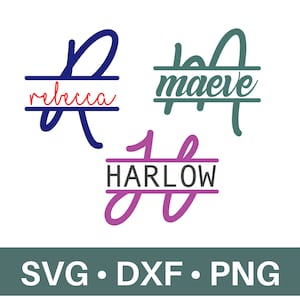 Puede incluir: Tres diseños de monograma dividido con los nombres "Rebecca", "Maeve" y "Harlow" escritos en letra cursiva. Las letras son de color azul, verde azulado y morado.