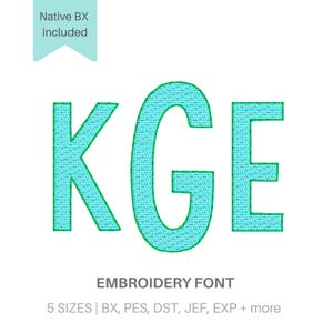 May include: An embroidery font featuring the letters KGE in a light blue color with a green outline. The text Native BX included appears at the top, while the text EMBROIDERY FONT 5 SIZES | BX, PES, DST, JEF, EXP + more is displayed at the bottom.