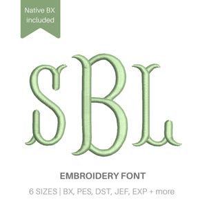 May include: A light green embroidered monogram featuring the letters SBL in a decorative script font. Above the letters, a green banner displays the text Native BX included. Below the monogram, the text reads EMBROIDERY FONT 6 SIZES BX, PES, DST, JEF, EXP + more.