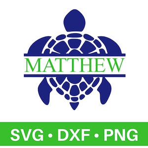 May include: A blue sea turtle silhouette with the name "MATTHEW" in green text across the middle.