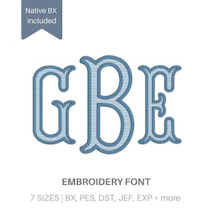 Puede incluir: Un monograma bordado en azul claro con las letras GBE en una fuente serif decorativa. Una pancarta gris en la parte superior dice Native BX included. El texto en la parte inferior dice EMBROIDERY FONT 7 SIZES | BX, PES, DST, JEF, EXP + more.