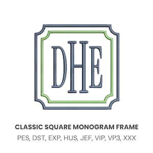 May include: A classic square monogram frame with the letters "DHE" in a dark blue color. The frame has a green inner border and a dark blue outer border. The text "CLASSIC SQUARE MONOGRAM FRAME" is below the frame.