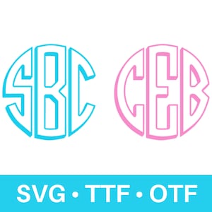 May include: Two monogrammed circles, one in light blue and one in pink. The blue circle has the letters "SBC" and the pink circle has the letters "CEB". The text "SVG. TTF. OTF" is below the circles.