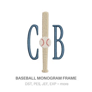 May include: An embroidery design featuring the letters C and B in a dark blue serif font, separated by a vertical tan baseball bat with a white baseball in the center. The text BASEBALL MONOGRAM FRAME DST, PES, JEF, EXP + more is below.