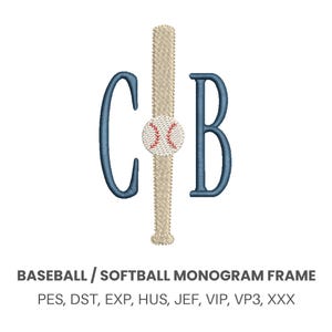 May include: A baseball-themed monogram design featuring the letters "C" and "B" in a dark blue color, with a baseball bat and a baseball in the center. The text "BASEBALL / SOFTBALL MONOGRAM FRAME" is at the bottom.